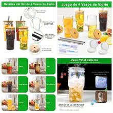 Vasos de Vidrio con Tapa Tazas de Vidrio con 4 Pajita Popote Acero Inoxidable, Botellas de Vidrio Vasos Cristal de Lata Cerveza Tazas de Caf Helado Batidos Soda Cctel Whisky Cola 650ml, 4PZS - inicial - Ver 1