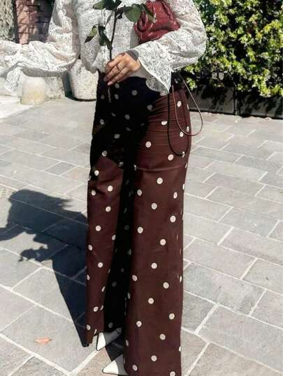 Pantalones marrones con estampado de lunares franceses versátiles y cómodos para mujer de talla grande
