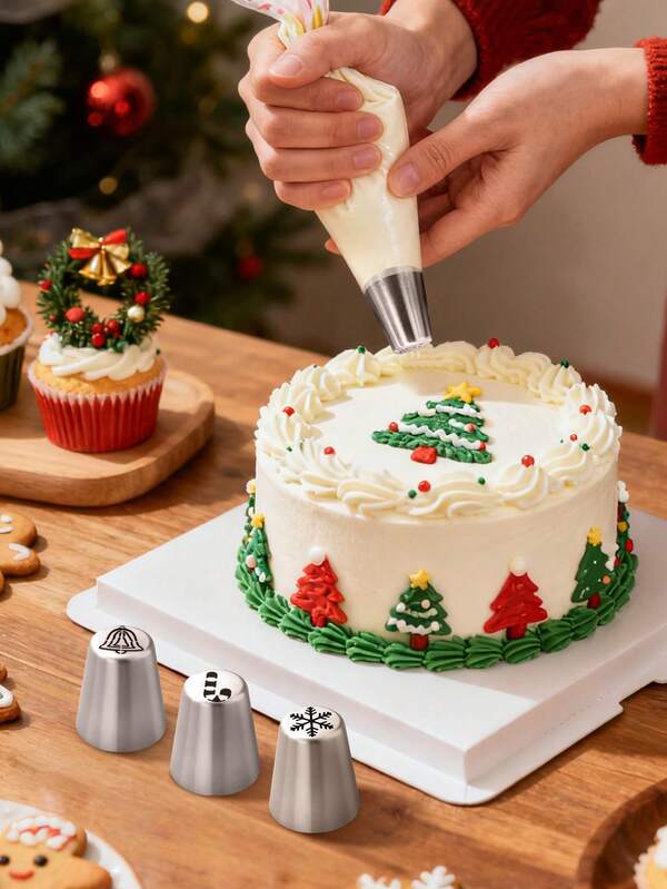 Christmas Cake Cookie Piping Nozzle Set, Stainless Steel Cream Icing Piping Tips - Snowflake, Bell, Cane Pattern Baking Decorating Tools, Suitable For Baking Cake Dessert Pastry Cupcake Cookie Pattern Decoration, Xmas Theme Decor, Christmas Stocking Fillers