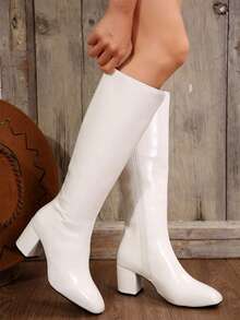 Women's Fashion Simple Knee-High Boots, Thick Heel Riding Boots, White Boots For Autumn/Winter - White - View 5