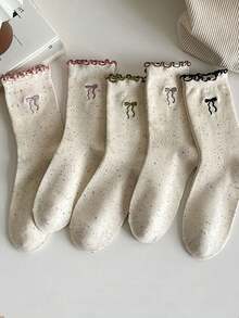 5 par damskich wielokolorowych skarpetek w groszki z kokardką i falbanką na brzegu, grubych, do połowy łydki, odpowiednich na jesień i zimę