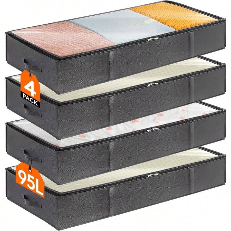 4 Pack 95L Under Bed Storage Bins, Foldable Closet Organizers And Storage Containers, Underbed Storage Bags With Reinforced Handle Blanket, Clothing, Comforter, Sheets, Wrapping Paper,