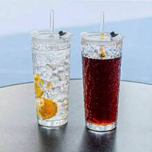 - 2 Vasos de 20 oz vidrio con tapa y popotes, juego de 2 piezas de cristalera, ideales para caf helado, ccteles y ms Paquete de 2 - Corteza pura - Textura - Ver 5