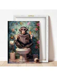 1pc, Canvas Hanging Picture, Framed Decorative Painting, Poster, Wall Art, Animals, Charming Monkey Reading Newspaper On Toilet - Canvas Wall Painting, Perfect For Modern Living Room, Bedroom, Bathroom Decoration And Gift, Art Deco Style, Modern Style, Minimalist Style, Animal Theme, Autumn, Spring Gifts Birthday Graduation