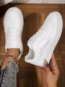 平底系带休闲运动鞋，街头风格情侣鞋，圆头拼接女鞋，秋季 - 白色 - 查看 6