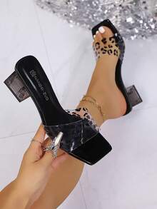 Women's Shoes, Women's Sandals, Women's High Heel Sandals, New Summer Black Woven Strap Transparent Chunky Heel Crystal High Heels, Elegant Women's Slide Sandals, Versatile Elegant High Heel Sandals, Women's Fashion High Heel Sandals, Transparent Crystal Heel Stilettos, Women's Sexy Minimalist Solid Color High Heels, Fashionable High Heels For Nightclub, Party, Gathering