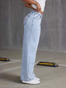 Teenage Girl Cute Girl Loose Butterfly Print High Street Casual Denim Wide Leg Pants - 淺色水洗藍 - 查看 2
