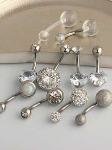 4/5/8/10pcs Body Jewelry Set, Cubic Zirconia Flower, Butterfly & Heart Decor 14G Stainless Steel Navel Piercing Rings, Suitable For Daily, Party, Holiday Gift, Beach