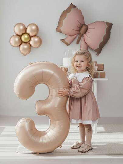 3pcs/Set 40-Inch Caramel Color 0-9 Number Balloons For Birthday Party Decor, Matte Pink Bow Balloons. 18-Inch Caramel Color Flower Balloons, Suitable For Birthday, Baby Shower