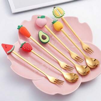 6/5/4/3/2/1 Pc Set Cute Cartoon Fruit Forks & Spoons, Fruit Pattern, Pudding, Ice Cream, Dessert, Noodle, Salad, Golden Stainless Steel Forks & Spoons, Multi-Color, Ideal For Desserts, Cakes, Kitchen, Dining, Back To School, Cafeteria, Fruit, Party, Picnic, Hygienic & Elegant