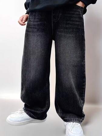 Tween Boys' Fashionable Casual Washed Loose Fit Jeans