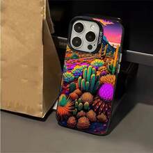 Funda de TPU con estampado de cactus psicodélicos vibrantes para iPhone 17/16/15 Pro Max, 15, 14, 13, 12 Series - Cubierta protectora delgada y a prueba de golpes - Negro - Ver 3
