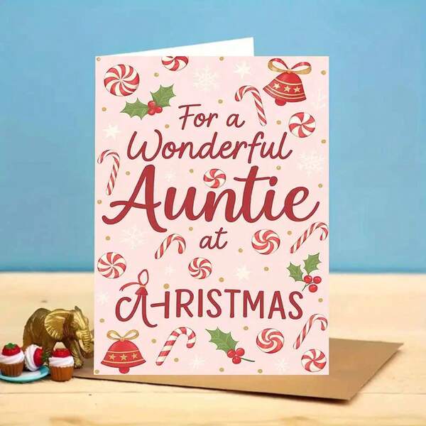 1pc Auntie-Themed Christmas Card With "For A Wonderful Auntie At Christmas" Message - Pink & Red Candy Cane & Snowflake Design, Heartwarming Holiday Wishes For Aunties, Nieces, Family Celebrations - Festive Cursive Lettering, Gift Box Ready (Paper Card) - Perfect For Birthdays & Christmas, Ideal For Auntie Gifts, Features Golden Bow & Auntie-Themed Design, Includes Matching Envelope