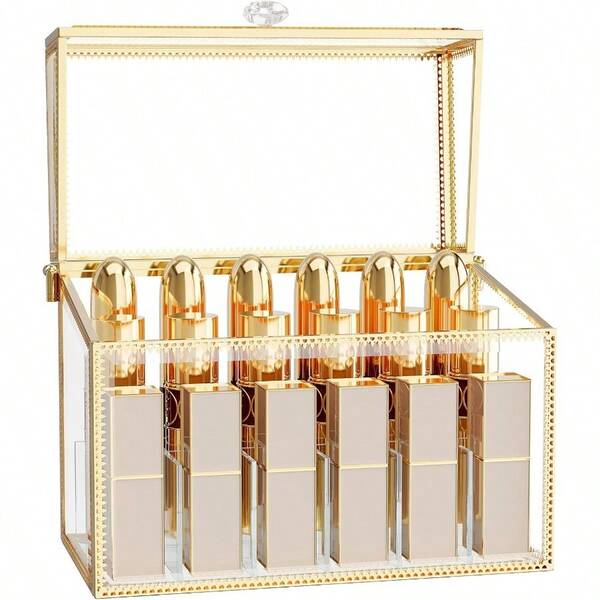 CoralHouse Lipstick OrganizerLuxury Tempered Glass Lipstick Holder And Nail Polish Organizer 18Slot Vanity Cosmetic Organizer With Removable Dividers Gold