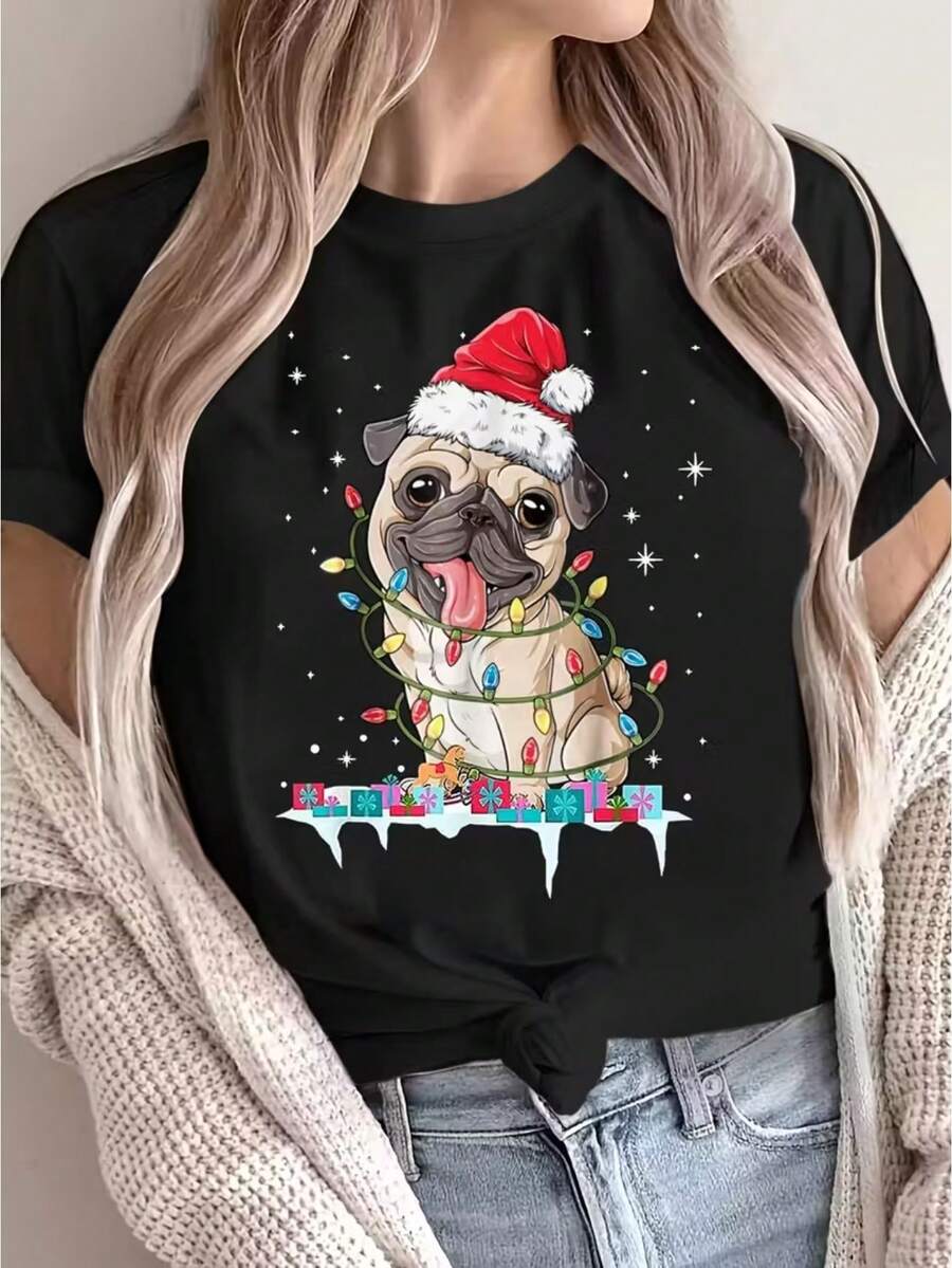 Camiseta playera básica gráfica estampada casual dama mujer manga corta cuello redondo look casual relajado cómodo versátil fresca ligera colorido diseño navidad año nuevo perro perrito pug caricatura navideña gorro santa claus luces regalos - Negro - Ver 1