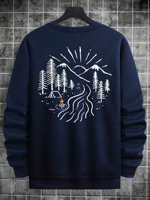 男士休闲街头风卫衣，饰以野花和露营元素的极简印花，秋冬季长袖上衣