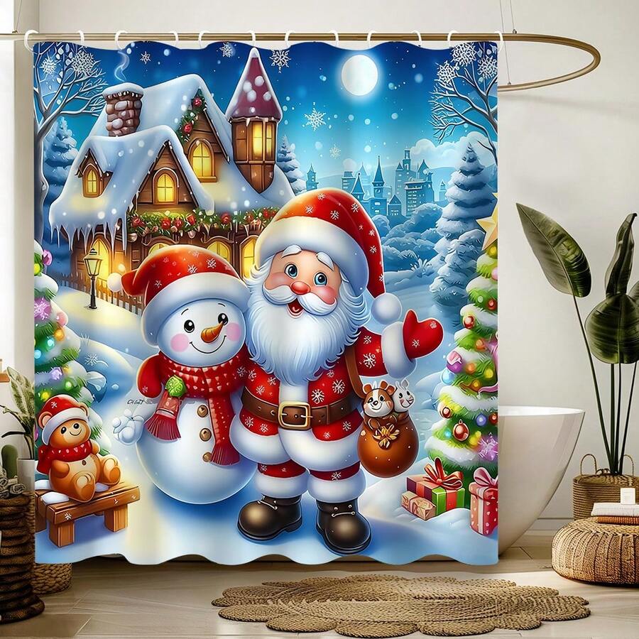 1pc Santa Claus And Snowman Christmas Decoration Art Party Decor Waterproof Single Shower Curtain Bathroom Decoration And 12 Plastic Hooks Bathroom Toilet Wet And Dry Separation Isolation Curtain