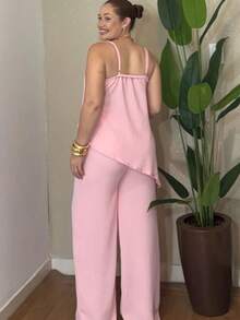 Women's Set Wide Leg Pants And Cropped Top Asymmetrical Simple With Pocket Casual Elegant Duna Fabric - Hoa hồng - Xem 2