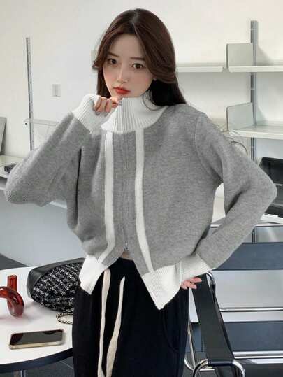 女式撞色长袖拉链开衫，秋冬