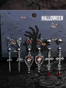 12 cercei gotici cu craniu, liliac, cruce metalică creativă, cercei cu pandantiv cu aripă de păianjen, potriviți pentru ținute de Halloween, cadou pentru prieteni