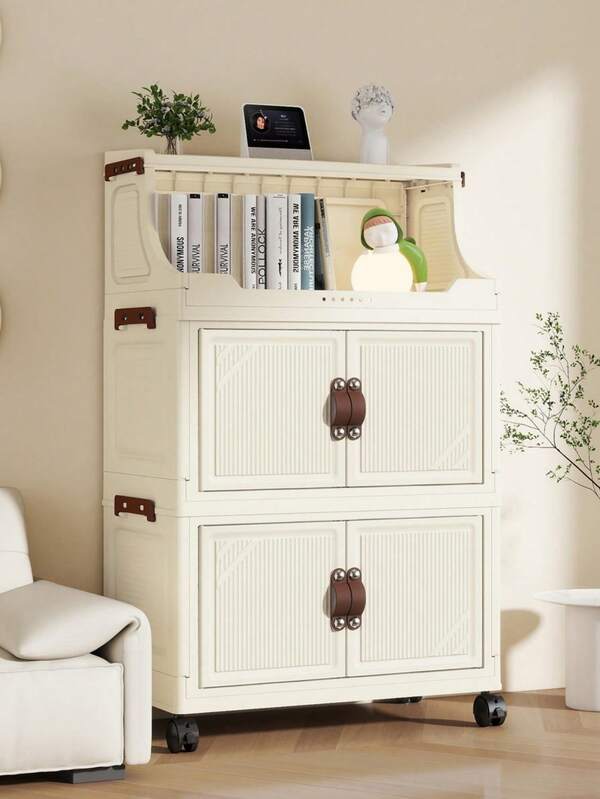 4/3/2-Layer Multifunctional Folding Storage Cabinet, Cream/Transparent Storage Shelf, Two-Layer Storage Design Classification And Organization Cabinet, Durable Snack Cabinet, Clothing Storage Cabinet, Bedding Storage Cabinet, Stationery Storage Cabinet, Shoe Bag Storage Cabinet, Suitable For Many Scenes Such As Living Room, Bedroom, Study, Children's Room