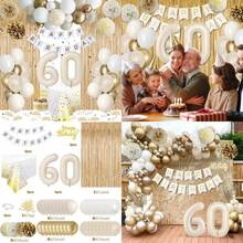 Decoraciones para 60 cumpleaños, decoraciones para feliz 60 cumpleaños, globos blancos y dorados, pancarta de feliz cumpleaños, mantel, cortina con flecos, adorno para tarta, papel(default) - Tipo 1 - Ver 1