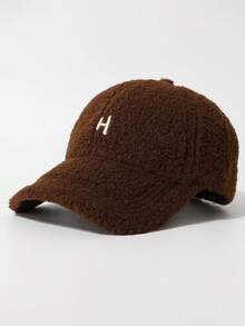 Classic Solid Color Faux Shearling Embroidered Letter Baseball Cap, Fashionable Outdoor Upgrade Women's Charm, Versatile Fluffy Baseball Cap, Embroidered Letter Casual Streetwear Party Cap, Polyester, Autumn/Winter