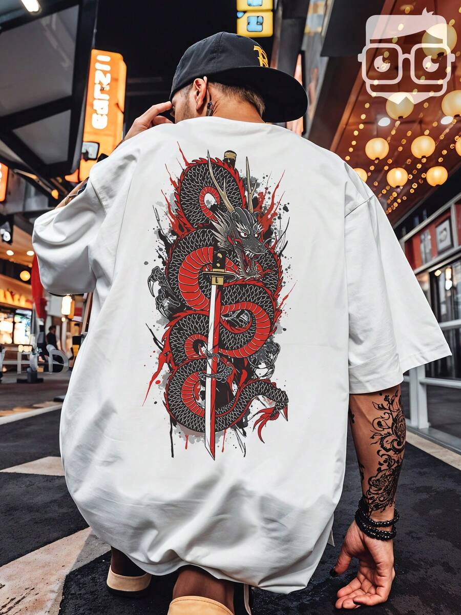 Oversized T-Shirt Japanese Dragon Samurai Sword Katana REF 7305 VEST NERD - trắng - Xem 1