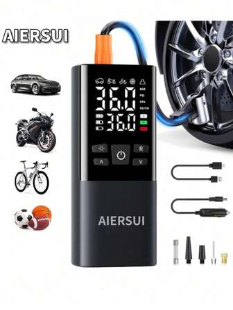 便携式电动空气压缩机 - 汽车配件，150psi快速充气自动停止，高容量电池无线气泵。智能气泵，带数字压力表和LED应急灯，适用于摩托车、汽车、自行车和球类。11.1V/DC12V 2000mAh串联锂离子电池。