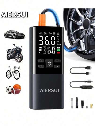 CARSUN Compresseur d'air portable électrique - Accessoires automobiles, gonflage rapide à 150 psi avec arrêt automatique, pompe à air sans fil haute capacité. Pompe à air intelligente avec manomètre numérique et lampe de secours à LED pour motos, voitures, vélos et ballons. 3 batteries lithium-ion tandem de 2000 mAh.