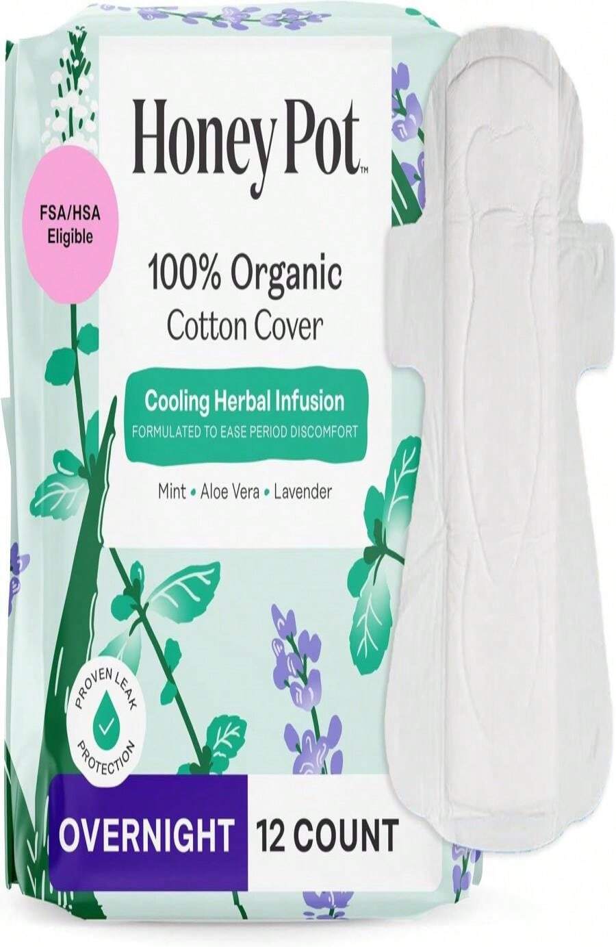 The Honey Pot Company - Herbal Pads For Women - Overnight W_Wings - Infused W_Essential Oils For Cooling Effect &Amp; Organic Cotton Cover - Feminine Care - 12 Ct - 顏色A - 查看 1