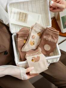 5 Pairs Women's Mid-Calf Socks, Cartoon Style, Korean Fashion Autumn/Winter, Slouch Socks, Japanese School Style Long Socks