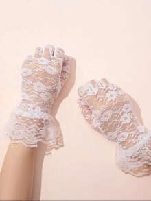 1Pair Women's Gothic Lace & Rose Party Gloves - Ruffle Trimmed Elegant Gloves For Halloween, Bridal Events & Winter, Polyester With Contrast Lace, Sexy Halloween Accessories - White - View 4