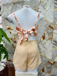 One Size Shirt Set With Tie At The Back And Print, Shorts With Zipper And No Pocket - Light Yellow - View 3