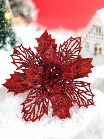 1pc/10pcs/20pcs Poinsettia Flower Hollow Mesh Clip-On Christmas Flower, Christmas Wreath, Christmas Tree Floral Decor, Christmas Party, Wedding Crown Decor, New Year, Suitable For Christmas Tree Decoration And Holiday Party Decoration (Red)