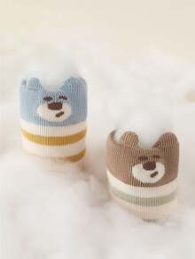 6 Pares de Meias de Bebê Antiderrapantes para Engatinhar, Estampa Aleatória de Urso Fofo Listrado, Bottom Macio, Adequado para Uso Diário