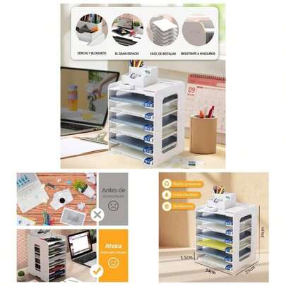 Organizador de Escritorio con Portabolgrafos, Organizador de Papeles de Niveles, Organizador de Papeleria Multifuncional para la Oficina, El Hogar y la Escuela.
