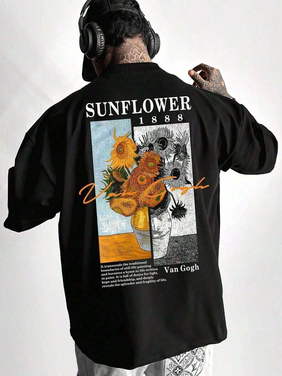 T-shirts à manches courtes Hauts d'été T-shirt décontracté ample en polyester pour hommes, col rond, avec impression numérique du tournesol de Van Gogh. Vêtements pour la fête du Roi - Noir - Voir 1