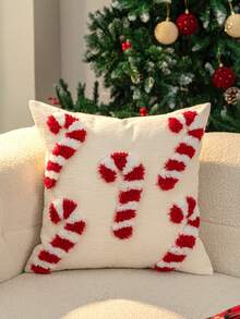 1pc Christmas Candy Cane Pattern Pillow Cover, Christmas Atmosphere Pillow Sham, Lumbar Pillow Cover, 17.7*17.7 Inches (45*45cm)/11.8*19.6 Inches (30*50cm), Candy Cane Pattern, Chenille Fabric, Soft And Comfortable, Suitable For Sofa, Living Room, Bedroom, Car, Office, Hotel, Decoration, Perfect Gift For Family And Friends, All Seasons, No Pillow Insert, Red - Red - View 4