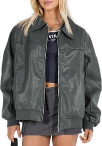 Womens Faux Leather Jackets Oversized Bomber Casual Fall Fashion Zip Up Moto Biker Coats - Dark Blue - 查看 6