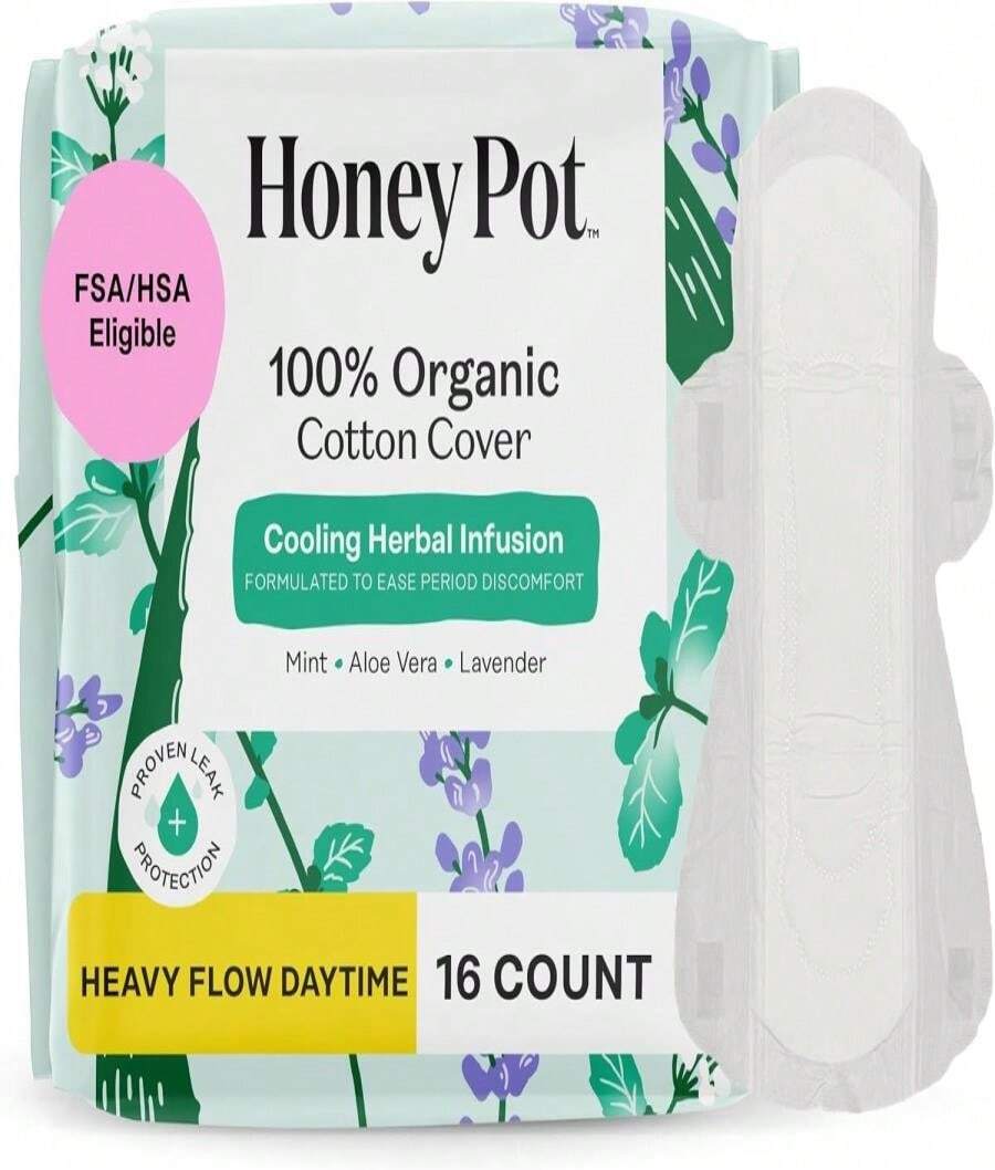 The Honey Pot Company - Herbal Sanitary Pads For Women - Heavy Flow W_Wings - Infused W_Essential Oils For Cooling Effect &Amp; Organic Cotton Cover - Feminine Care - 16 Ct - ColorB - 查看 1