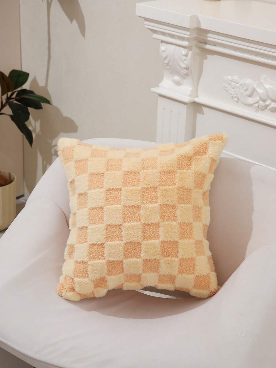 1 buc. Husă de pernă artizanală din pluș cu model în carouri, husă de pernă simplă pentru decorul casei pentru canapea în sufragerie, husă de pernă moale și confortabilă