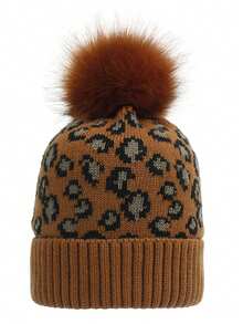 Custom Knitted Leopard Print Fuzzy Pom Pom Beanie Hat