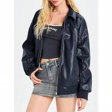 Womens Faux Leather Jackets Oversized Bomber Casual Fall Fashion Zip Up Moto Biker Coats - Dark Blue - 查看 2