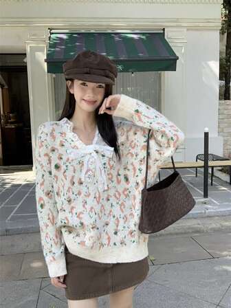 Korean Style Lace Patchwork V-Neck Floral Jacquard Knit Sweater For Women, Long Sleeve Bowknot Loose Pullover Top, Autumn/Winter