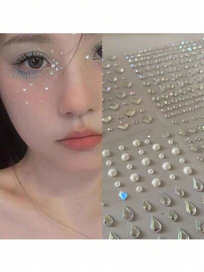 4pcs 3D Crystal Stone Stickers, Face Stickers With Star And Heart Designs, Diamond & Pearl Makeup Decorations, Stage Makeup, Face Stickers With Rhinestone Tears And Mole, Glitter Nail Art Decorations