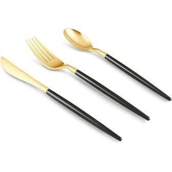 75 delar bestickset i svartguldfärgat rostfritt stål, högkvalitativa gyllene bestick, 25 knivar, 25 skedar och 25 gafflar, perfekt val för bröllop, födelsedagar och examen.