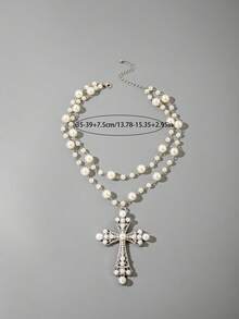 1pc Fashion Metal Punk Style Cross Necklace, Exaggerated Faux Pearl Multi-Layer Necklace For Women, Suitable For Daily, Party, Wedding, Gift (Handmade Chain Customized Length, Pearl Quantity Varies) - 28848-nek-s White - View 6