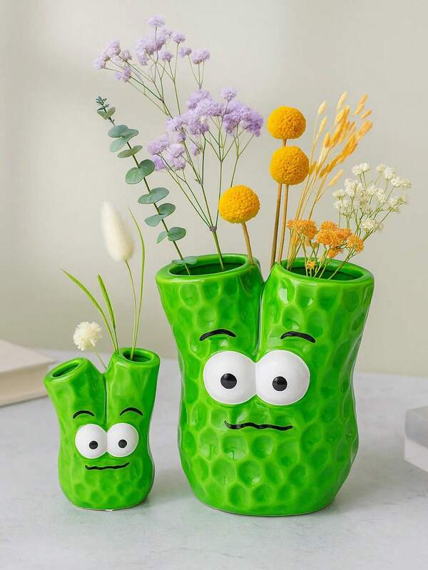 1pc Cartoon Green Vase, Flower Vase, Home Decor / Table Decor