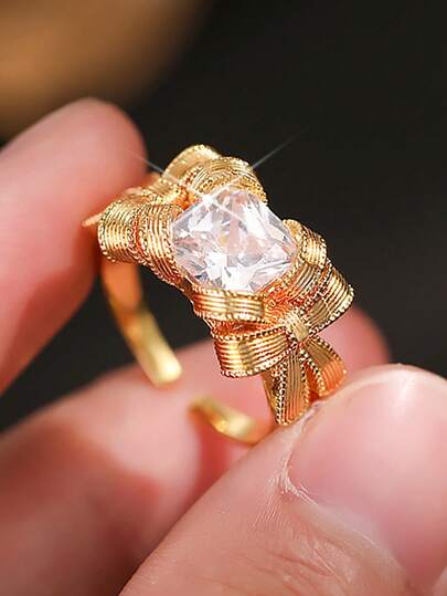 1 pieza Anillo de compromiso de lujo con incrustación de lazo y circonita cúbica para mujer, novia, cita, boda, Navidad, regalo de cobre